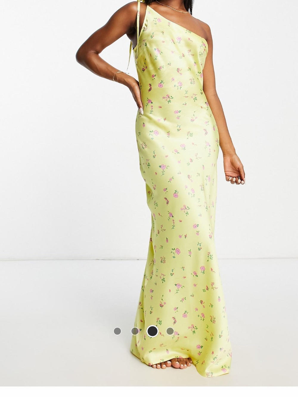 Yellow Floral One-Shoulder Slip Dress. Yellow floral maxi dress